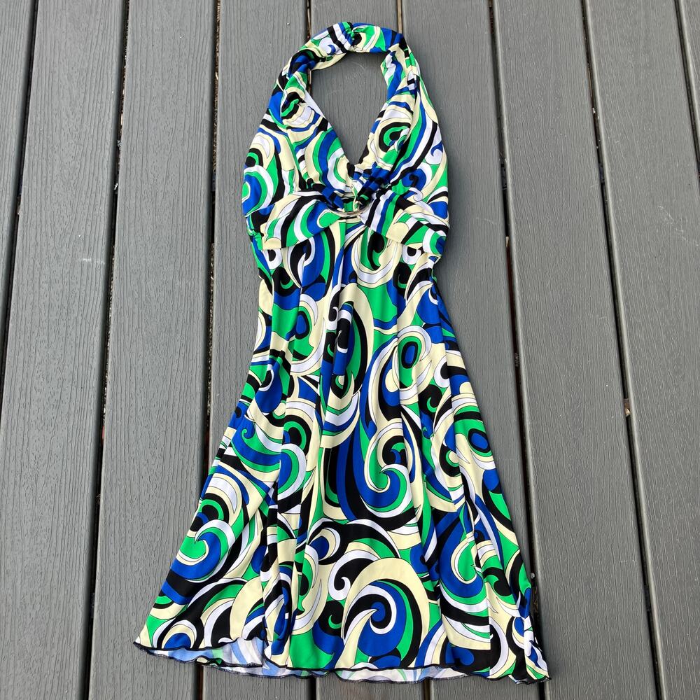 Y2K halter top dress with swirl print, bohemian groovy retro boho chic hippie